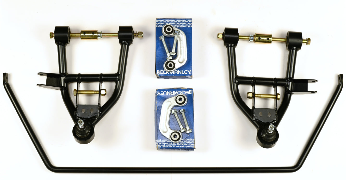 DeLorean tubular lower control arm kit with adjustable components for upgraded performance.